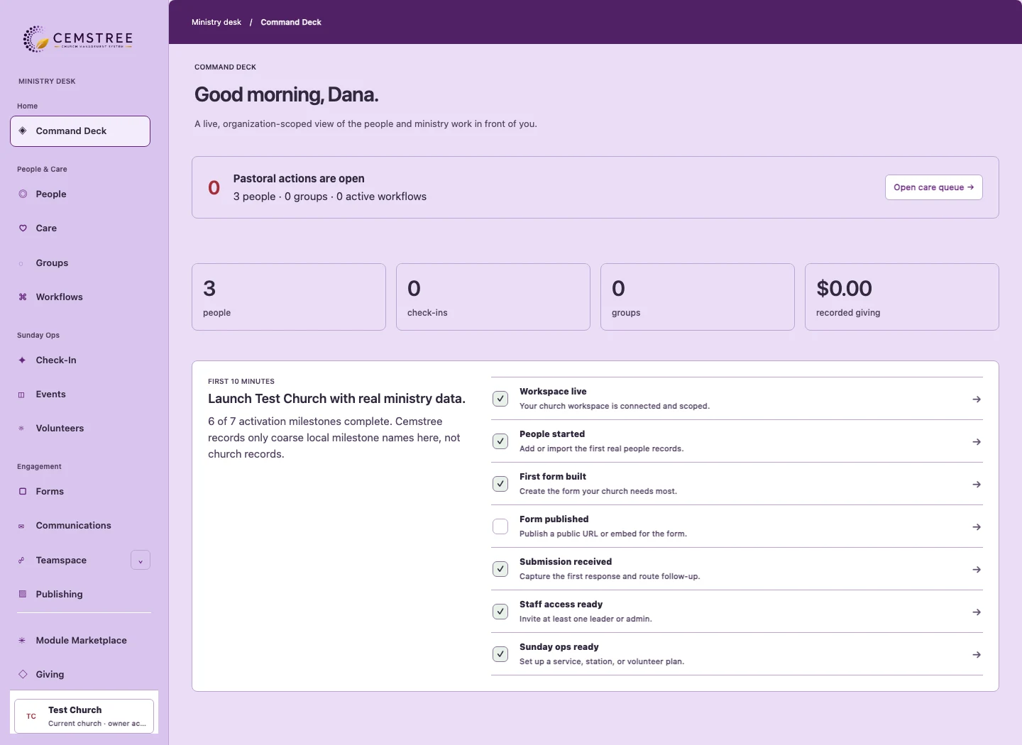 Actual Cemstree Command Deck showing ministry totals, a pastoral action queue, next actions, and onboarding milestones.