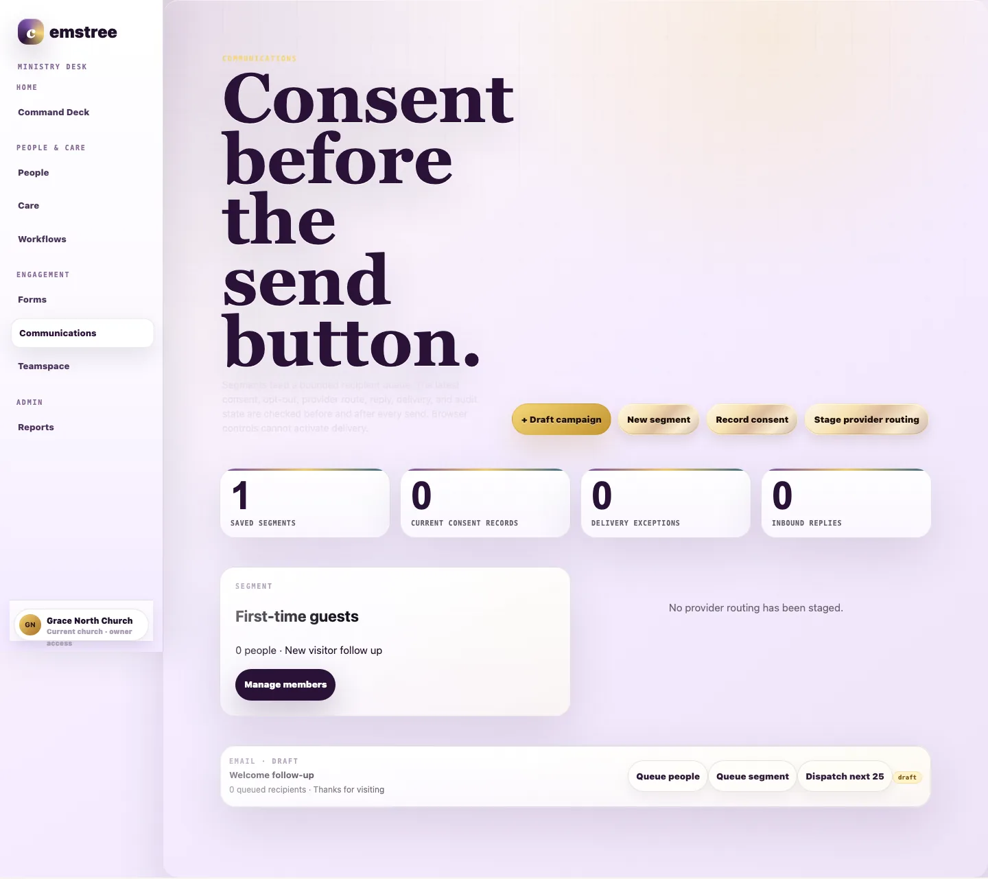 Actual Cemstree Communications interface showing consent, segments, campaign draft, and delivery controls.